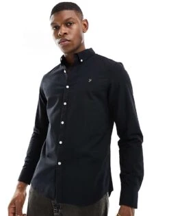 Farah Brewer Slim Fit Long Sleeve Shirt In Black For Men
