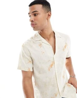 Farah Tie Dye Linen Short Sleeve Shirt In Cream For Men