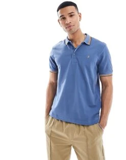 Farah Cotton Tipped Polo Top In Blue For Men Mid Blue
