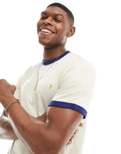 Farah Cotton Ringer Detail T-shirt In Off White For Men Cream