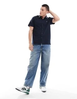 Farah Button Through Waffle Polo Shirt In Navy For Men