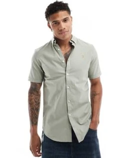 Farah Brewer Slim Fit Short Sleeve Shirt In Green For Men