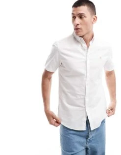 Farah Brewer Slim Fit Short Sleeve Shirt In White For Men
