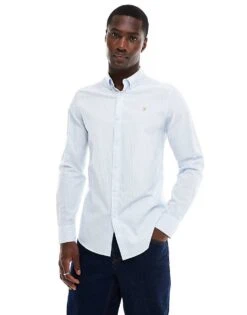 Farah Brewer Slim Fit Long Sleeve Stripe Shirt In Blue For Men