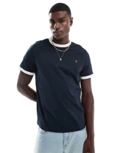 Farah Groves Ringer Cotton T-shirt In Navy For Men