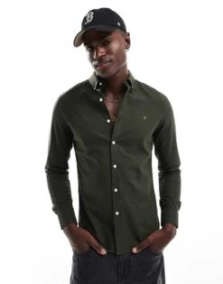 Farah Brewer Slim Fit Oxford Longsleeve Shirt In Khaki For Men