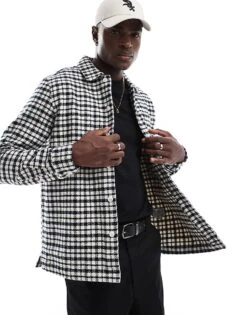 Farah Thawley Check Shacket In Khaki Navy For Men