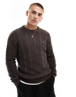 Farah Mendon Cable Knitted Jumper In Brown For Men