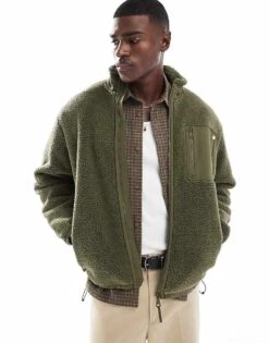 Farah Sherpa Fleece Zip Jacket In Khaki For Men