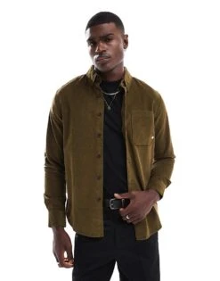 Farah Spencer Cord Longsleeve Shirt In Khaki For Men Mid Green