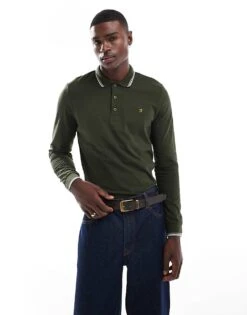 Farah Alvin Tipped Long Sleeve Polo In Khaki For Men