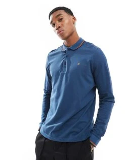 Farah Alvin Long Sleeve Tipped Polo In Blue For Men