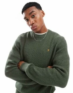 Farah Foraker Cable Knit Jumper In Khaki Green For Men