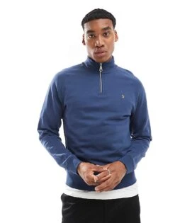 Farah Jim Half Zip Sweatshirt In Blue For Men