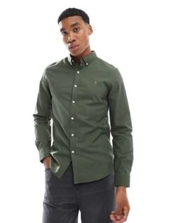 Farah Brewer Slim Fit Long Sleeve Oxford Shirt In Forest Green For Men