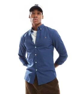 Farah Brewer Slim Fit Long Sleeve Oxford Shirt In Blue For Men
