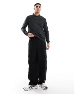 Farah Shasta Long Sleeve Polo In Washed Black With Jacquard Collar For Men