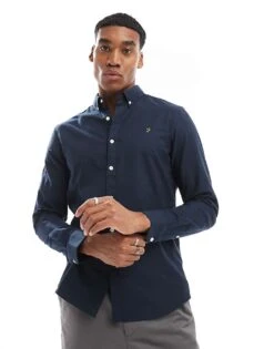 Farah Brewer Slim Fit Long Sleeve Oxford Shirt In Black For Men