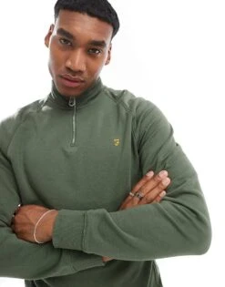 Farah Jim Half Zip Sweatshirt In Khaki Green For Men