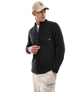 Farah Spencer Long Sleeve Cord Shirt In Washed Black For Men