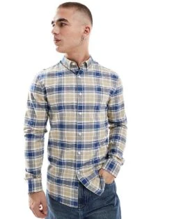 Farah Brewer Checked Long Sleeve Shirt In Beige And Blue For Men Multi