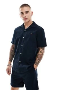 Farah Rutherford Co-ord Short Sleeve Revere Collared Shirt In Navy Seersucker For Men