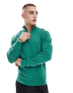 Farah Jim Quarter Zip Sweatshirt In Green For Men