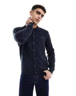 Farah Trinity Button Up Long Sleeve Knitted Shirt In Navy For Men