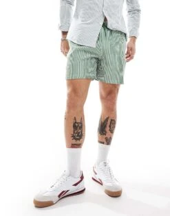 Farah Colbert Seersucker Stripe Swim Shorts In Green And White For Men