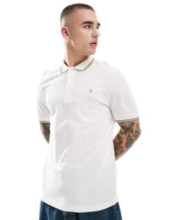Farah Alvin Short Sleeve Polo In White With Tipping For Men