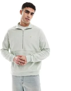 Farah Swaton Half Zip Sweatshirt In Sage Green For Men