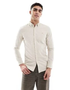 Farah Steen Long Sleeve Oxford Shirt In Beige For Men