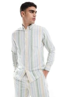 Farah Steen Co-ord Long Sleeve Stripe Shirt In Blue And Green For Men Multi