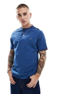 Farah Northleigh T-shirt In Blue With Jacquard Cuffing For Men