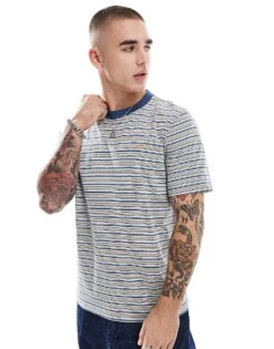 Farah Danny Stripe T-shirt In Blue And Yellow For Men