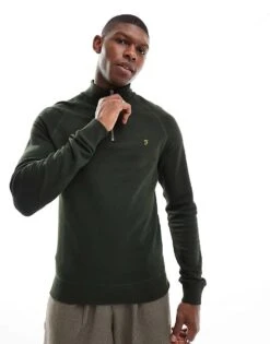 Farah Jim Quarter Zip Sweatshirt In Khaki For Men